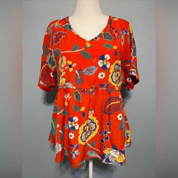 JODIFL Tops - Jodifl Red‎ Floral Peplum Blouse Cottagecore Boho Summercore Retro Size M